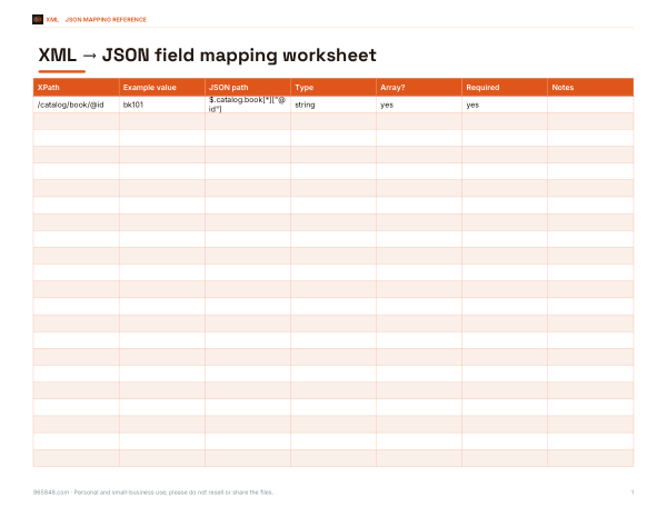 Preview of XML to JSON Mapping Worksheet